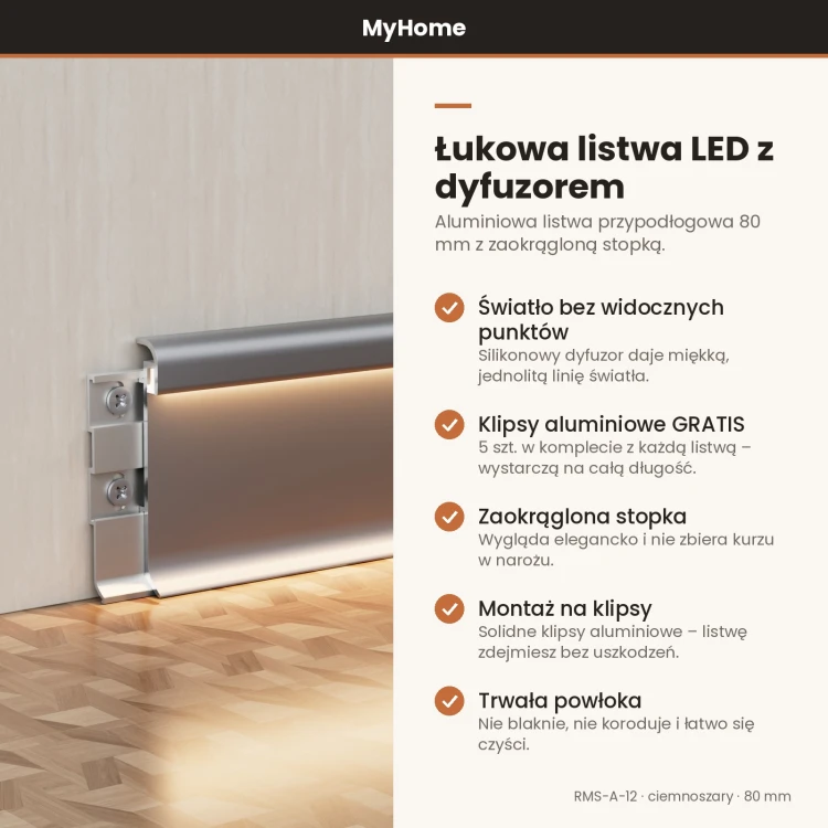 Listwa przypodłogowa aluminiowa LED łukowa 80mm Ciemnoszary 2,5m MyHome RMS-A-12