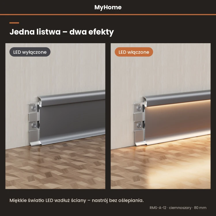 Listwa przypodłogowa aluminiowa LED łukowa 80mm Ciemnoszary 2,5m MyHome RMS-A-12