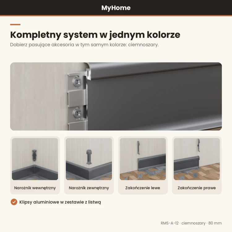 Listwa przypodłogowa aluminiowa LED łukowa 80mm Ciemnoszary 2,5m MyHome RMS-A-12