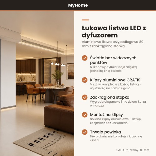 Listwa przypodłogowa aluminiowa LED łukowa 80mm Czarny 2,5m MyHome RMS-A-12