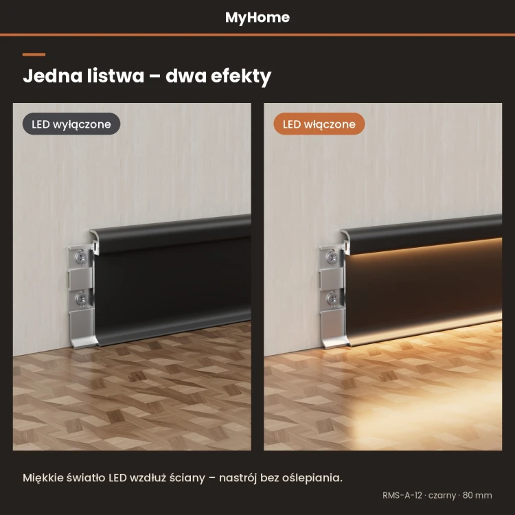 Listwa przypodłogowa aluminiowa LED łukowa 80mm Czarny 2,5m MyHome RMS-A-12