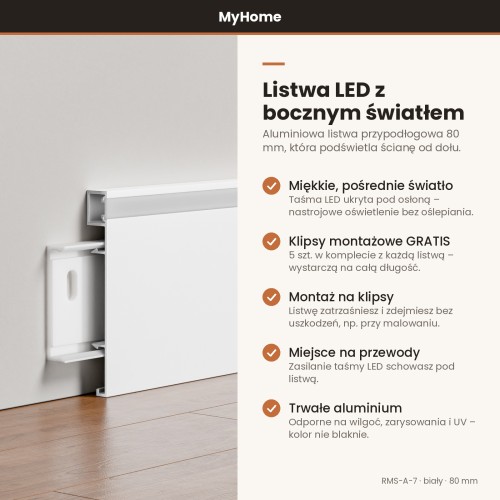 Listwa przypodłogowa aluminiowa LED z bocznym światłem 80mm Biały 2,5m MyHome RMS-A-7