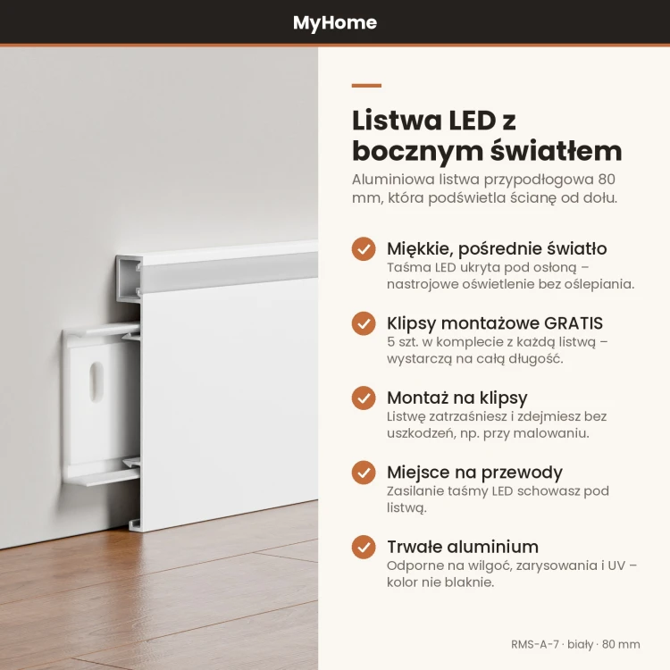 Listwa przypodłogowa aluminiowa LED z bocznym światłem 80mm Biały 2,5m MyHome RMS-A-7