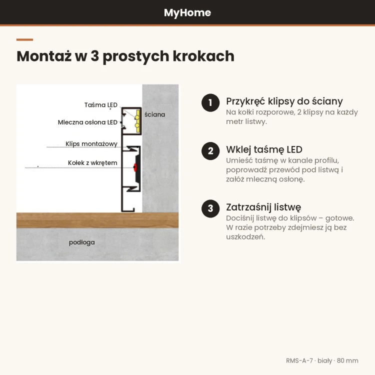 Listwa przypodłogowa aluminiowa LED z bocznym światłem 80mm Biały 2,5m MyHome RMS-A-7