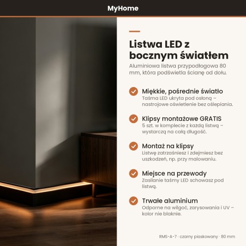 Listwa przypodłogowa aluminiowa LED z bocznym światłem 80mm Czarny Piaskowany 2,5m MyHome RMS-A-7