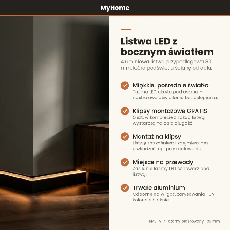Listwa przypodłogowa aluminiowa LED z bocznym światłem 80mm Czarny Piaskowany 2,5m MyHome RMS-A-7
