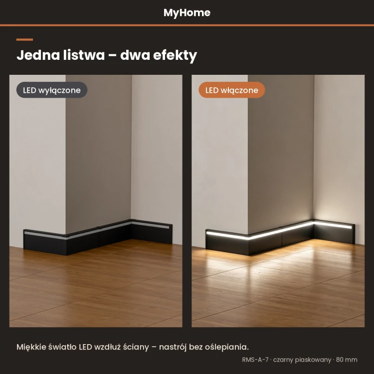 Listwa przypodłogowa aluminiowa LED z bocznym światłem 80mm Czarny Piaskowany 2,5m MyHome RMS-A-7