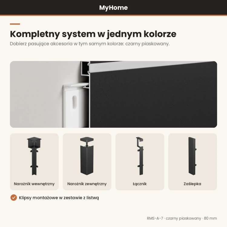 Listwa przypodłogowa aluminiowa LED z bocznym światłem 80mm Czarny Piaskowany 2,5m MyHome RMS-A-7