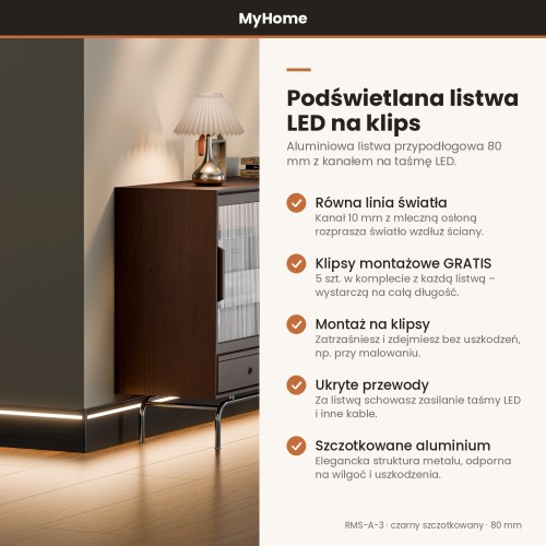 Listwa przypodłogowa aluminiowa LED podświetlana na klips 80mm Czarny Szczotkowany 2,5m MyHome RMS-A-3