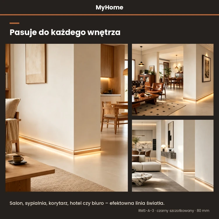 Listwa przypodłogowa aluminiowa LED podświetlana na klips 80mm Czarny Szczotkowany 2,5m MyHome RMS-A-3