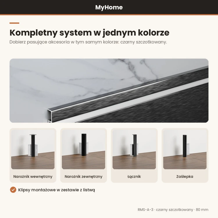 Listwa przypodłogowa aluminiowa LED podświetlana na klips 80mm Czarny Szczotkowany 2,5m MyHome RMS-A-3