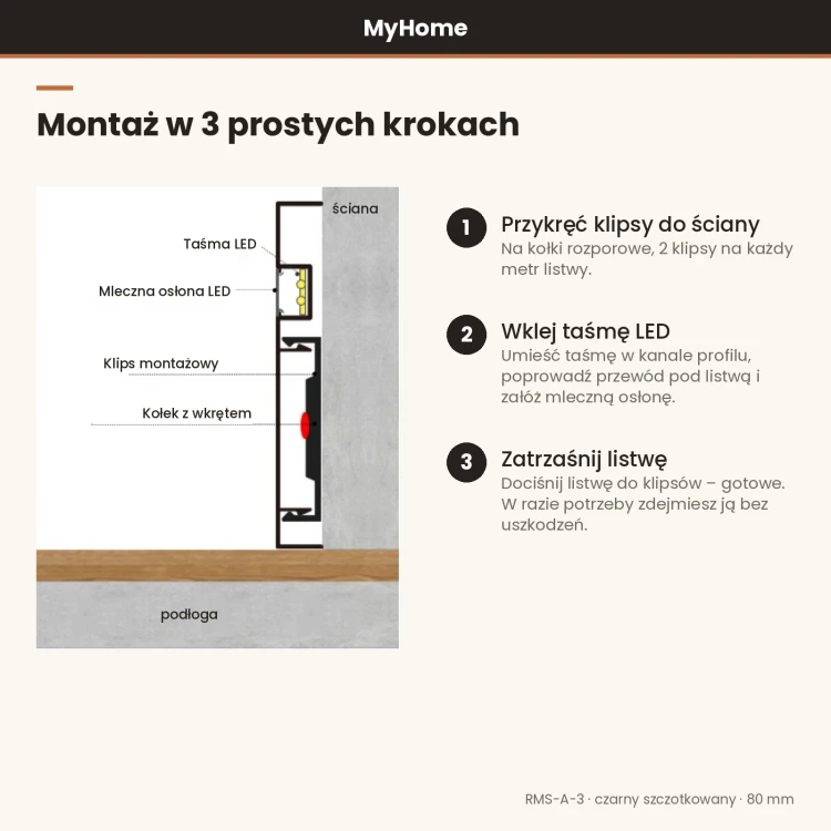 Listwa przypodłogowa aluminiowa LED podświetlana na klips 80mm Czarny Szczotkowany 2,5m MyHome RMS-A-3