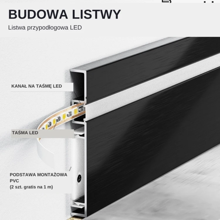 Listwa przypodłogowa aluminiowa LED podświetlana na klips 80mm Czarny Szczotkowany 2,5m MyHome RMS-A-3