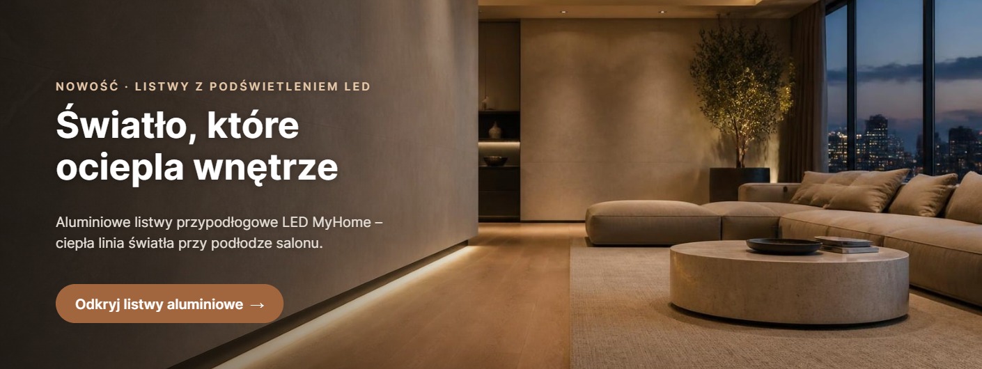 Nowoczesny salon z aluminiowymi listwami przypodłogowymi LED – MyHome